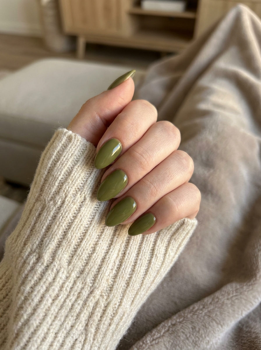 Olive Green Fall Nails mit glänzendem olivgrünem Finish